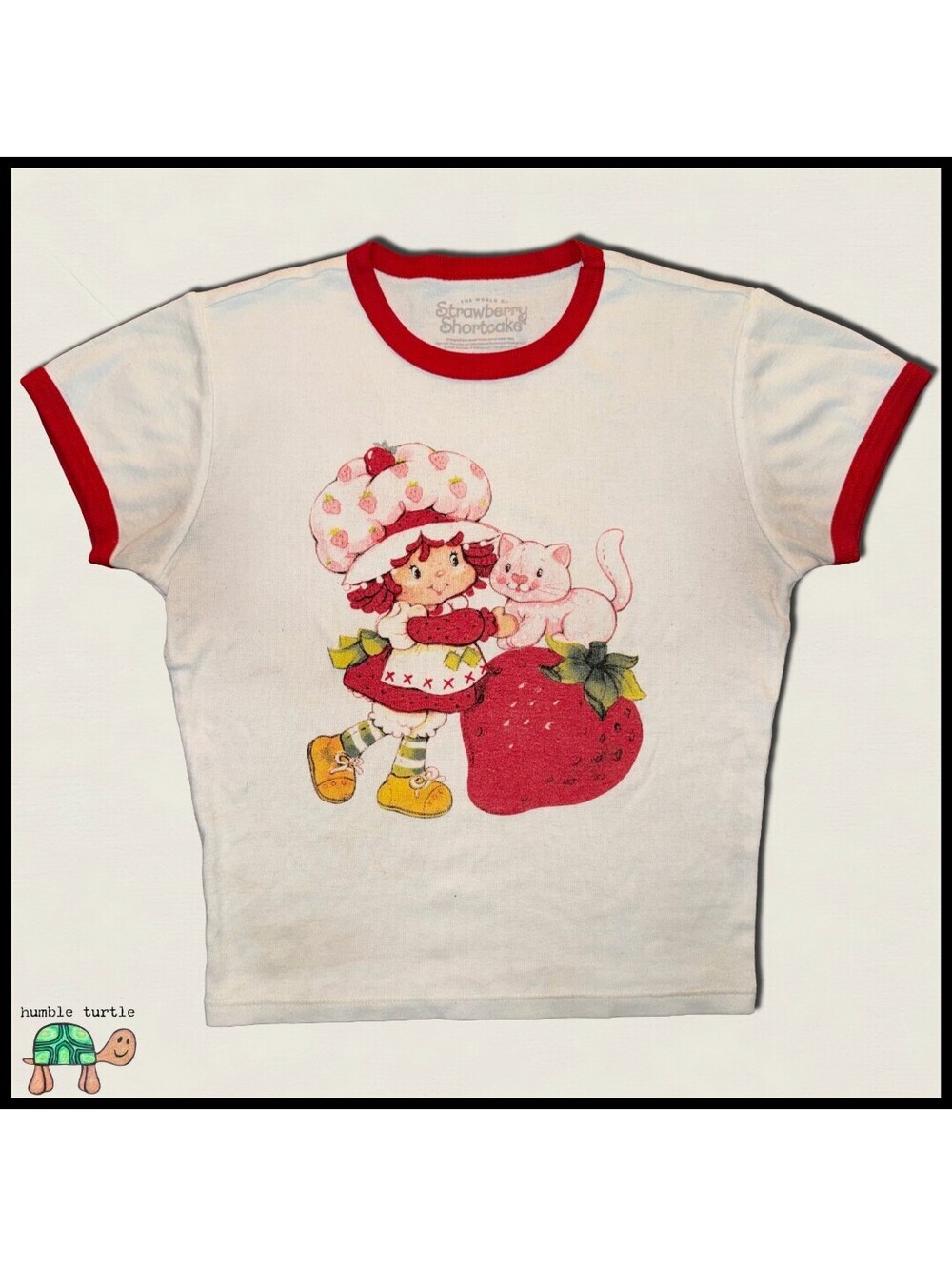 Vintage Strawberry Shortcake Ringer T-Shirt with Cat Graphic XS
